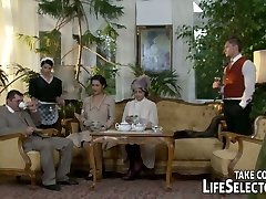 Antique looking brunette maid serves her landlord with blowjob