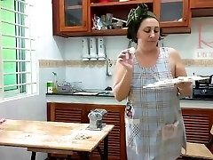 Ravioli Time! Naked Cooking. Regina Noir, a nudist cook at naturist hotel resort. Nude maid. Bare hou