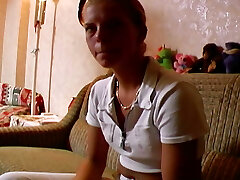 A slender blonde babe from Germany masturbating and sucking a cock in POV