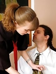 Freaky secretary in suntan pantyhose surrenders to hot fucking on the table
