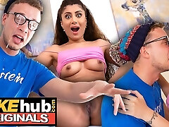 FAKEhub - Hot Indian Brit model licks the cum of dorks glasses after he cums on his own face
