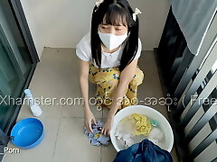 Myanmar Tiny Maid loves to smash while washing the clothes