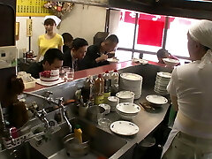 Kitchen maid in Asia Shop gets fucked by every guy in the Supermarket 