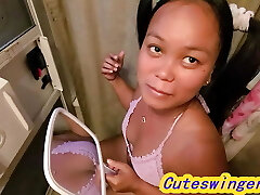 #Im in Pigtails Asian on rest room & loves big manmeat & swallowing cum