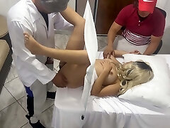 Weirdo Poses as a Gynecologist Doctor to Fuck the Beautiful Wife Next to Her Dumb Husband in an Softcore Medical Consultation