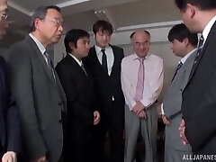 Chesty Asian slut gets gang banged by horny businessmen