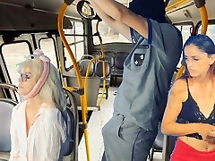 Worker takes stick out and thighs girls on public transport!