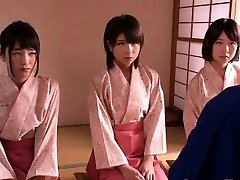 Puny femdom Japanese kimono stunners jump on dude