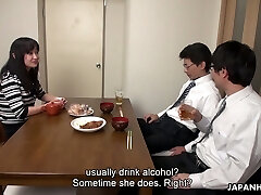 Too tired hubby falls asleep while his colleague ravages his wifey Risa Kurokawa
