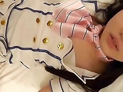 18-year-senior slender Japanese beauty idol, creampie sex with blowjob and shaved pussy. Uncensored