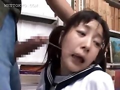 Brunette asian mouth fucked firm in school library