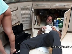 Petite Asian rodes plumbers big man-meat in kitchen