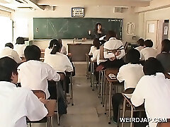 Asian college stunner in ropes flashes twat upskirt in class