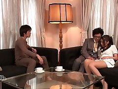 Lewd hubby and his mate undress kinky wifey Aoi Miyama and fuck her well