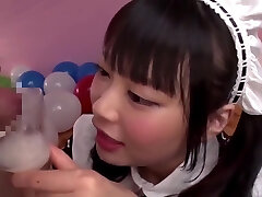 Airi Natsume Looking Sexy A In Maid Costume Gulps Cum From A Glass