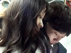 Asian beauty in dark-hued pantyhose is throating dick and getting fucked in a public bus