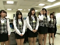 Insane boss makes his secretaries glob their panties in the office