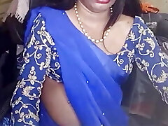 Indian Crossdresser in Blue Saree