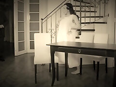 Antique striptease ended with a doggy style and cumshot in mouth for an elegant brunette