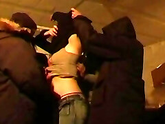 A group of hard dicks playing with a kinky babe from France in the dungeon
