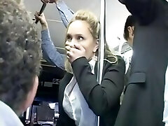 Mischievous blond touched to multiple orgasm on bus & fucked