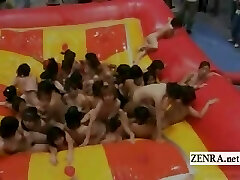 Subtitled huge group of Japanese nudists oil wrestling