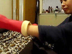 Asian Femdom Red Rubber Mitten Milking