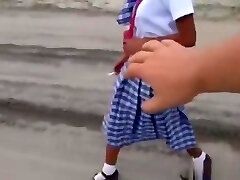 Filipina schoolgirl humped outdoors in open field by tourist