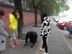 The slave was ridden outdoor and get down on all fours down on the road while slapped