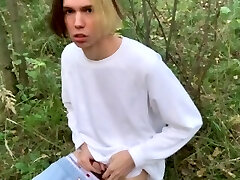 cute russian boy wanking in a public woods and pee outdoors