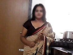 Indian Step-mother Disha Kitchen Striptease & Fucked by Stepson