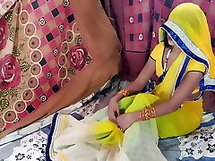印度超级热新婚夫妇性别在黄色纱丽清晰印地文音频德西视频