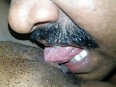 Horny mustached buddy eats his wife's Indian vag well