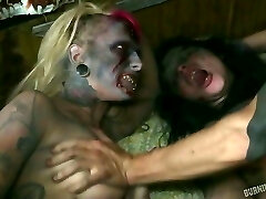 Skinny freak pulverizes two dumpy whores with ugly ferocious make up hard