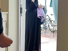 SCARED BUT Nosey! Muslim preggo neighbour in niqab caught me jerking off and asked me to let her rub my uncut dick
