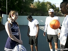 Black basketball crew plumbs deep throat of white cheerleader Arietta Adams