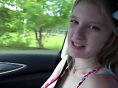 Fresh blonde babe, Melody Marks was playing with her tits while her boyfriend was driving