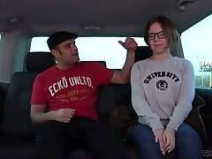 Boy icks up and fucks nerdy girl in glasses Sasha in the back seat