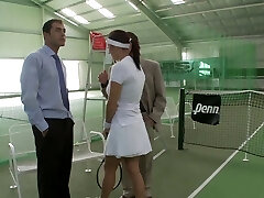 Busty red-haired gets pounded by wolf after a game of tennis