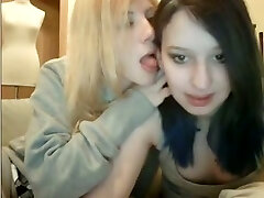 Two amateur brown-haired and blonde lesbos flashed tits while kissing on web cam