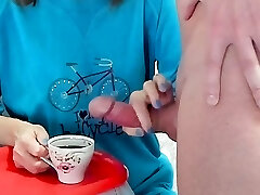 Old lady hand job cum in coffee food fetish