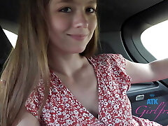 Car sex and naughty ride with Mira Monroe unexperienced in back seat blowjob filmed Pov