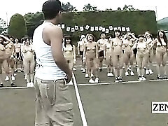 Subtitled Asian nudist CMNF outside group stretching