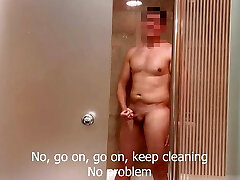 I surprise the hotel room service cleaning girl in the bathroom and she helps me finish nutting
