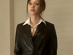 Smoking Japanese dame with glasses sucks her boss's cock