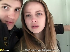 Milk skinned brunette gal gets hooked up at the train