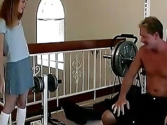 Skinny Barely Legal Slut Sucks a Hard Cock on a Weight Bench Then Gets Fucked