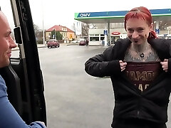 Totally Pierced and Inked Wierd Creature Rock the Cock in Driving Van