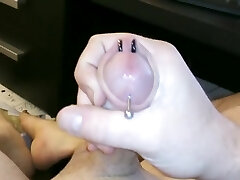 Stroking My Hard Pierced Cock With Cumshot With Closeup On Piercings