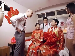 Jiggly asian teen gets shared by two lustful guys in bed after the wedding Jiggly asian teen gets shared by two lustful guys in bed after the wedding